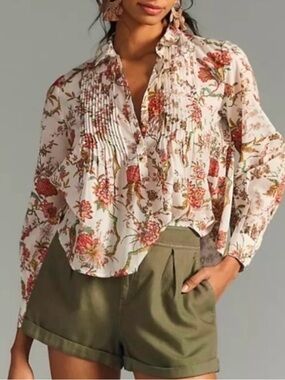 ANTHROPOLOGIE Pilcro Floral Embroidered Jolie Pintuck Button Up Top Boho Large